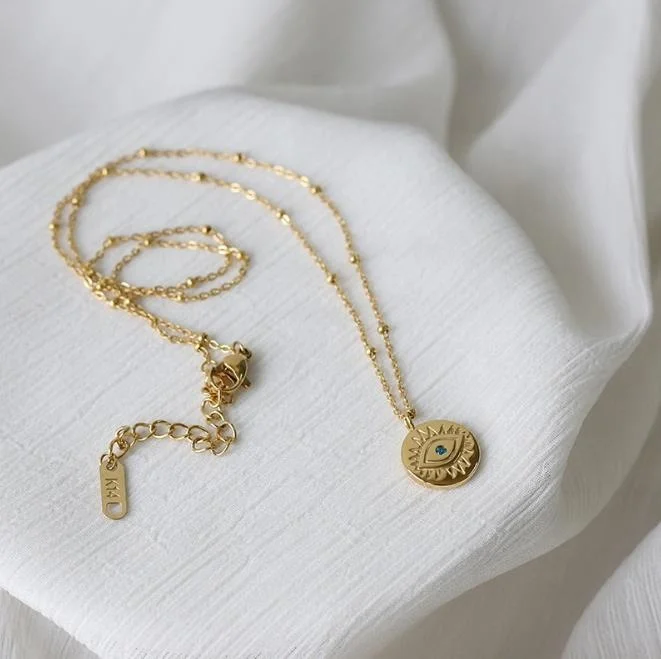 
Trendy dainty stainless steel Engraved Blue eye necklace 14k gold plated coin minimalist jewelry necklace 