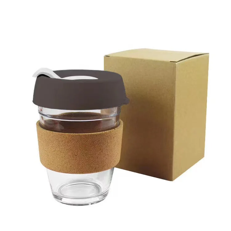 Eco Friendly Reusable Heat Resistant 250ml 350ml 450ml Glass Coffee Cup Mug with Silicone Lid Cap Cork Band