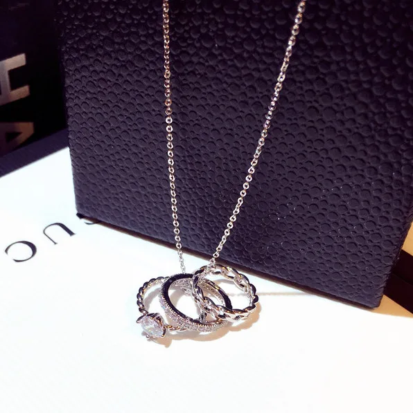 Elegant White Gold Plating Chain Solitaire Rings Pendant Necklace Shiny Zirconia CZ Triple Rings Pendant Necklace