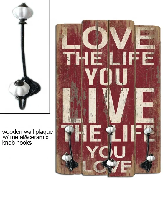 
Shabby chic decoration flower style wood plaque with hooks decorative metal plaque 