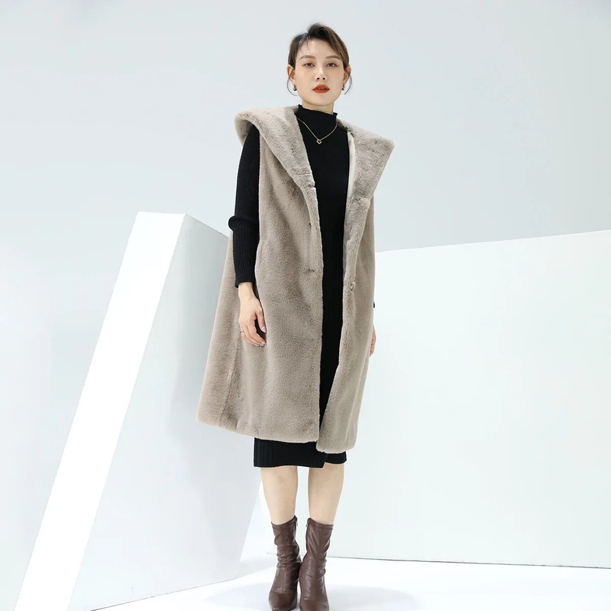 2022 fashion winter warm thick polyester khaki long faux rex rabbit fur women ladies sleeveless coats vest for hooded