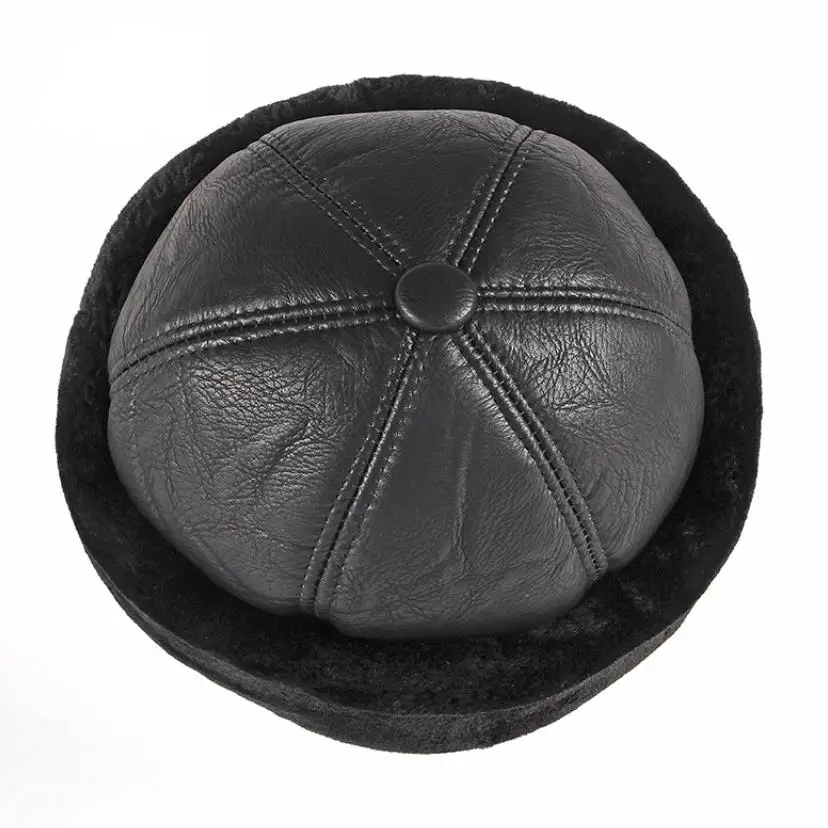 PU leather Cover Wind Head Protection Warm Black Fleece Lined Lord Winter Melon Caps Docker Pumpkin Brimless Landlord Bonnet Hat