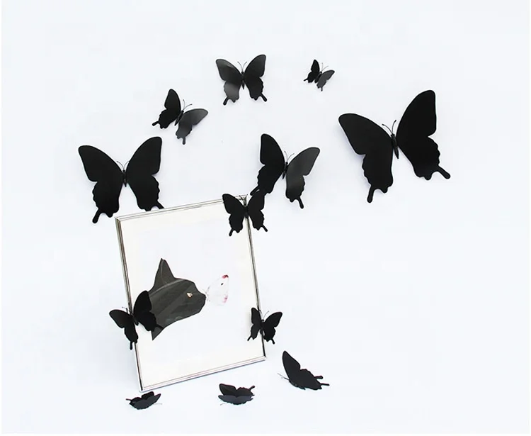 12Pcs/set 3D Black Pteris Butterfly Wall Sticker Living Room Home Ornament Clip Butterflies Pin Magnet Fridge Stickers