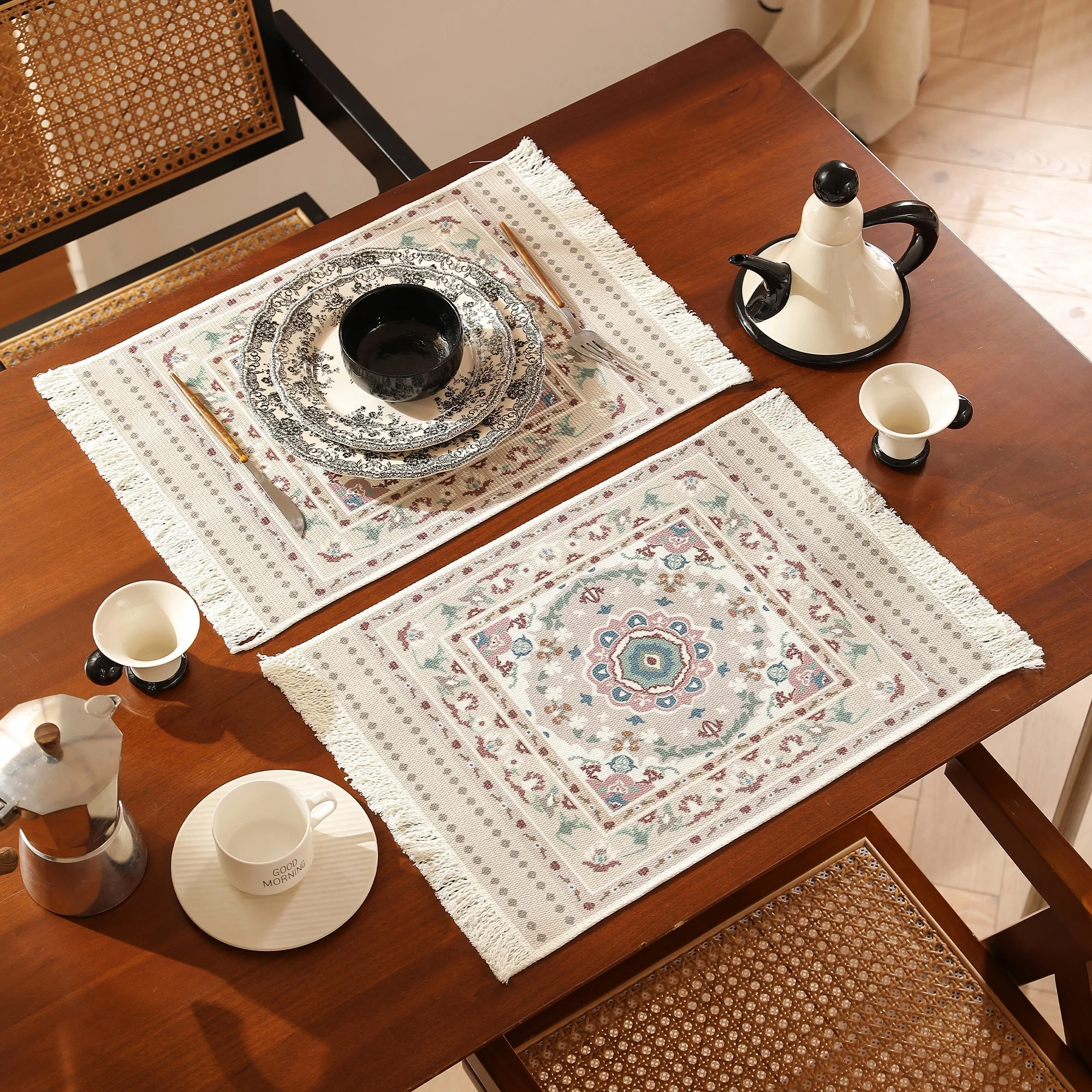New Bohemian Style Woven Rectangle plastic Mats Digital Printing Tassel Edge Table Mat For Dining Table