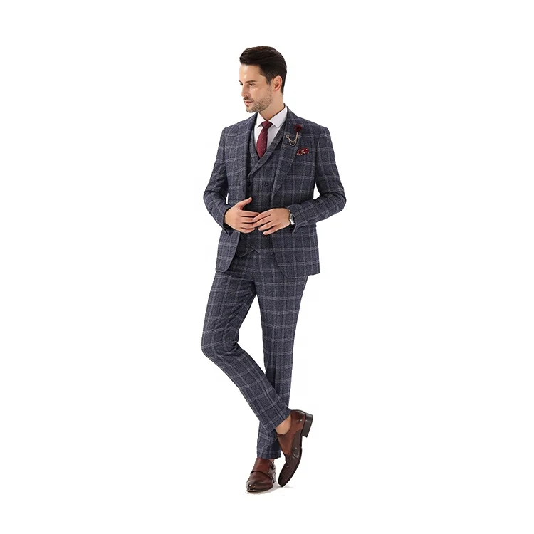 3 piece pictures grey plaid wedding coat pant cashmere England style men suit