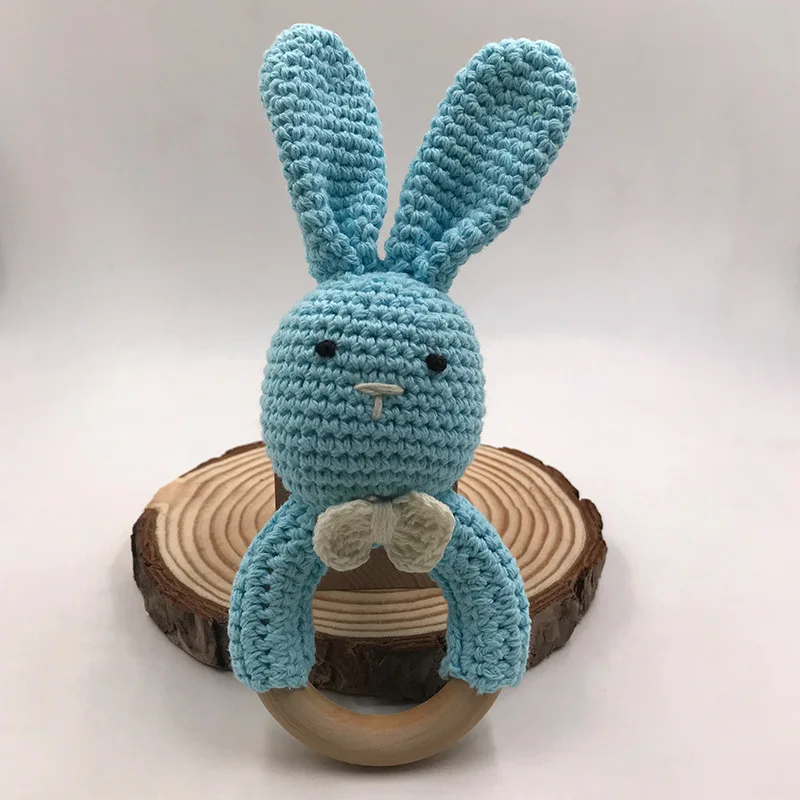 In Stock Bunny Teether Baby Wooden Crochet Rattle