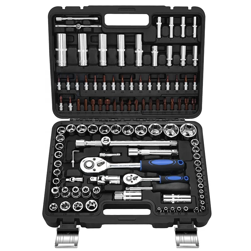GoodKing 150 Piece 1/2,3/8,1/4 Inch Drive Metric 24 Teeth Rotator Ratchet Wrench Socket Set In Case Toolbox