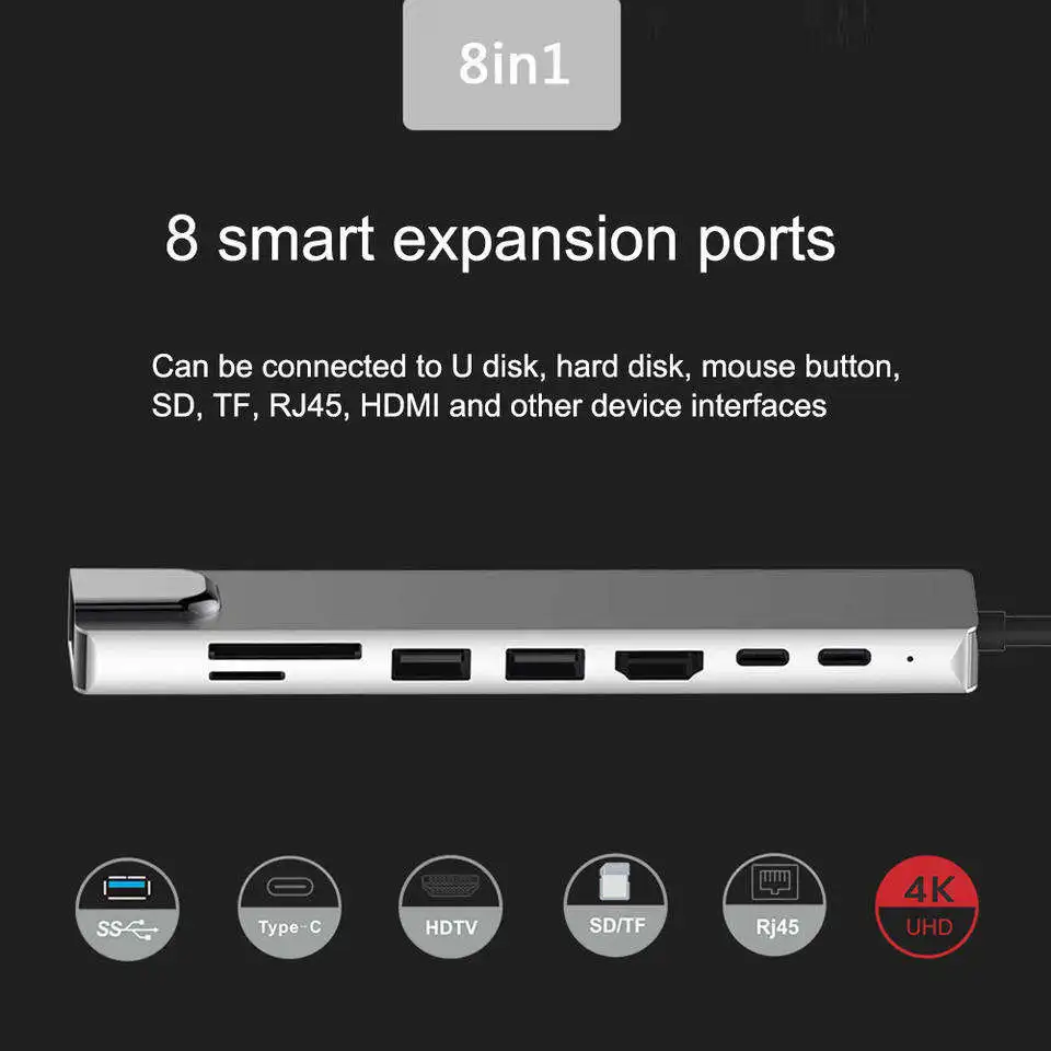 High Quality 8 in 1 Type-C Hub Multiport Dock Station with 4K HDMI USB3.0 RJ45 SDTF USB-C PD Charging Adapter 8 ports USB C Hubs
