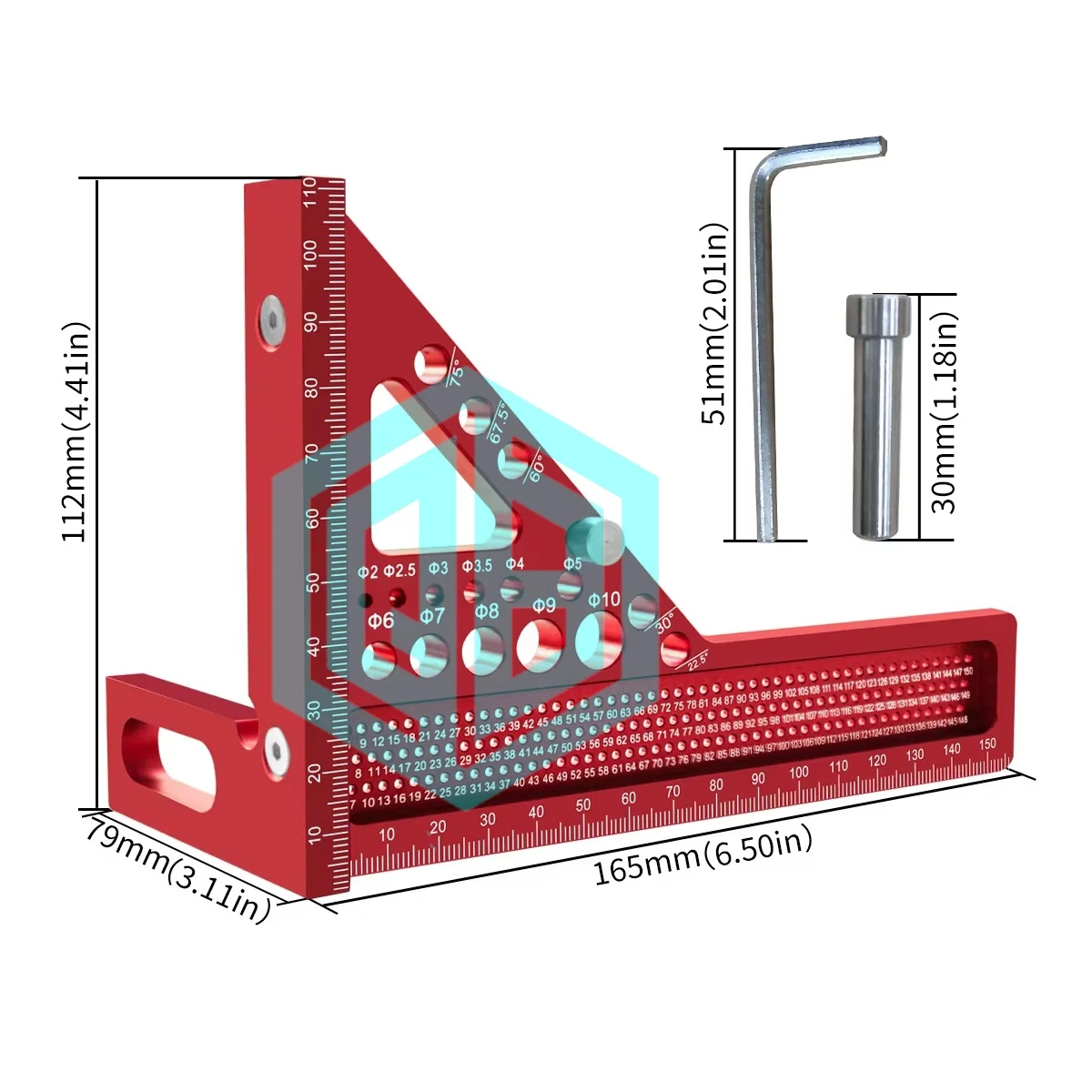 Extended 3D Multi-Angle Measuring Ruler Woodworking Square Protractor W/Dowel Pin,Aluminum Miter Triangle Layout Measuring Tool