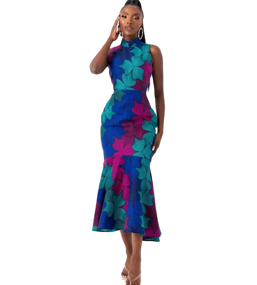 High Quality Africa Super Cotton Clothing African Fashion Design Dress Ankara Sleeveless Midi Mermaid Dress Blue Evening Dress