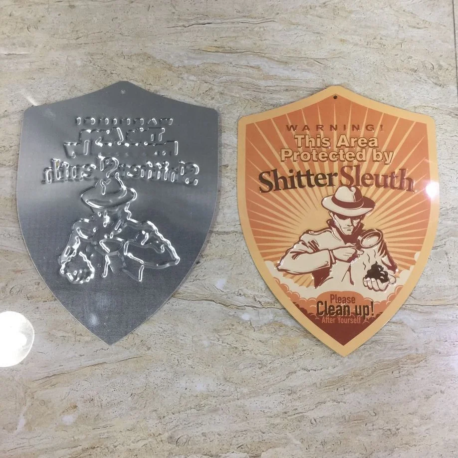 wholesale custom shield shape wall decorative embossing metal aluminum sign, stamped metal plate