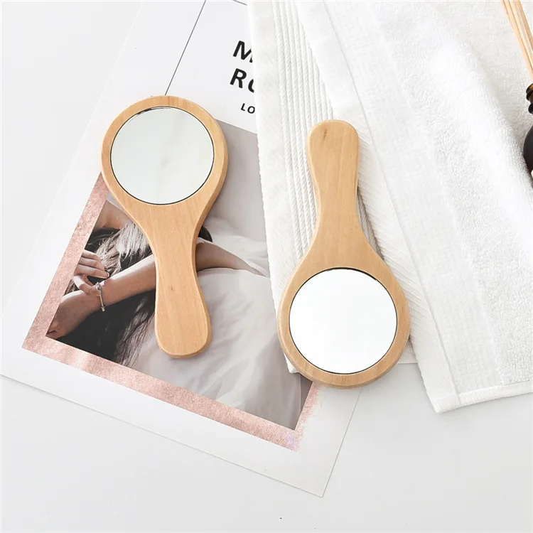 Amazon hot sale fashion one side round pocket mirror wooden bamboo mini portable pocket small handheld lash makeup mirror