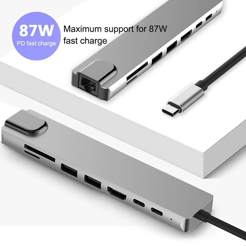 USB Type C Hub Adapter 8 in 1 Combo Hub with RJ45/ USB 3.0 3 Port / PD/SD/TF Card Reader function