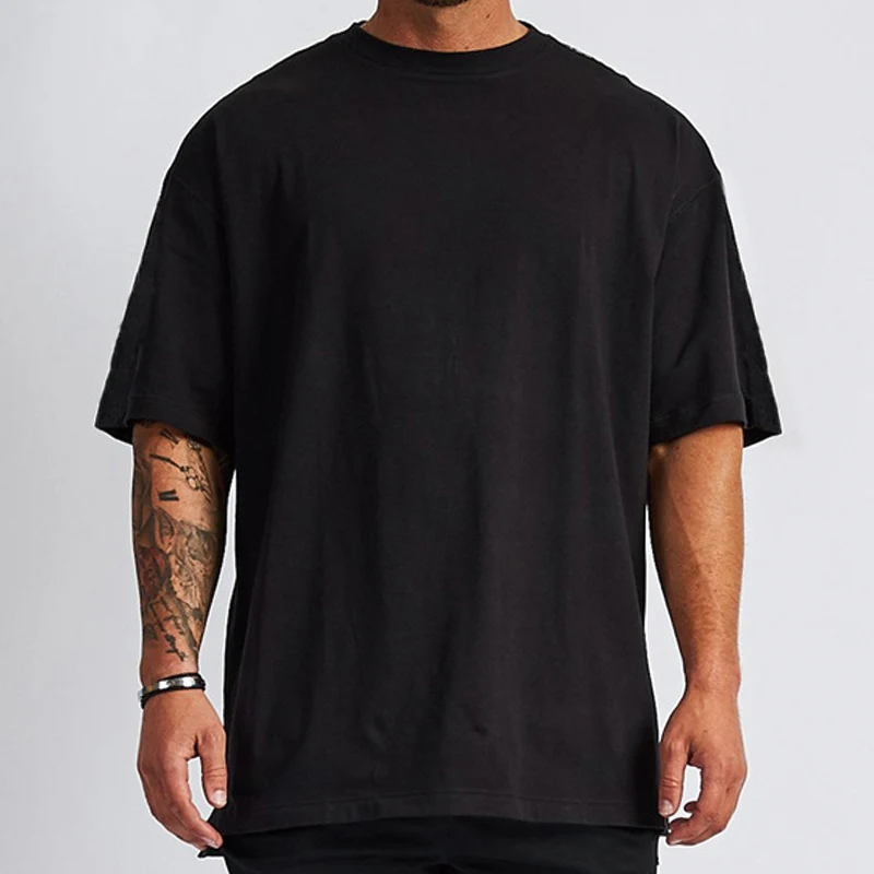 Custom Mens Big Tall Blank Drop Shoulder Sleeve Gym T-shirt Cotton Plain Fat tshirts Round Collar White Loose Cotton T-shirts