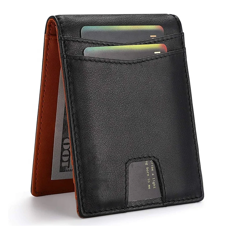 Custom Super Thin Genuine Leather Slim Minimalist RFID Blocking Puller Tab Money Clip Wallet for Men