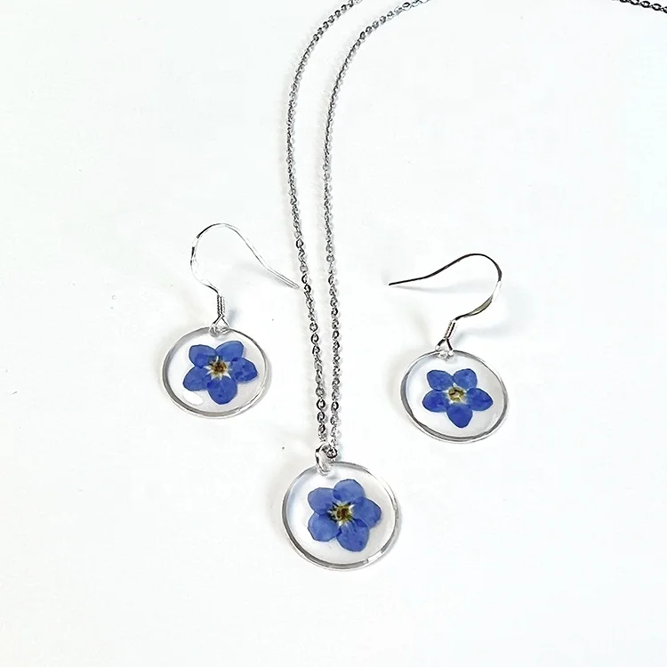 Ivy Personised 925 Sterling Silver sets Forget Me Not Dried Flower  3pcs Necklace+Earrings+bracelet sterling silver 925 jeweller