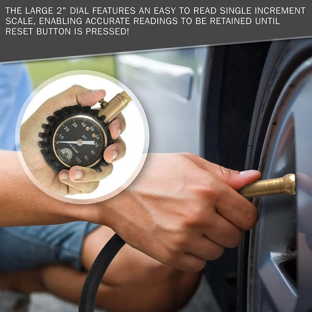 Tire Pressure Gauge 100 PSI - Accurate Heavy Duty Air Pressure Tire Gauge For Your Car Truck and Motorcycle - 4 Free Valve Caps