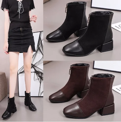 New Autumn Retro Front Zip Chunky Heel Ladies Martin Boots  9288