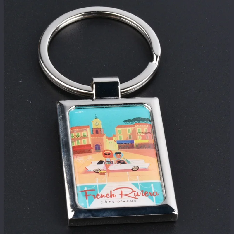cheap custom made metal keychains Rectangular metal key chain.customized printing glue drop polly gift.