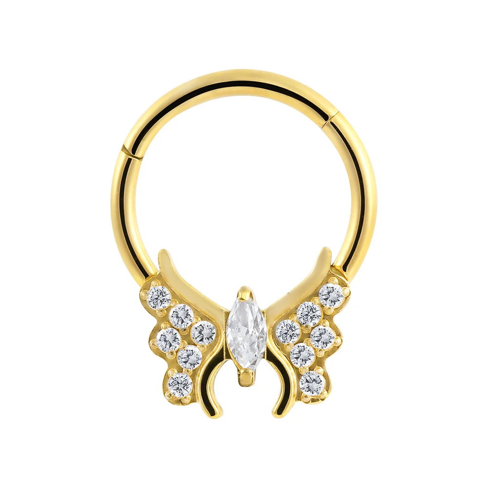 Superstar titanium septum welded butterfly both sides wings zircon marquise shape nose segment ring clicker piercing jewelry