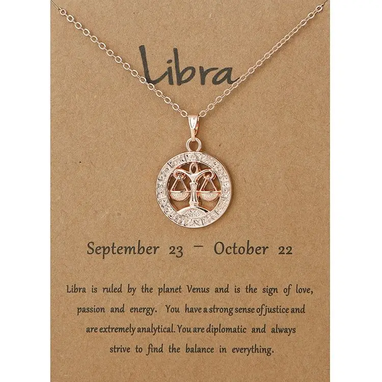 Rose Gold Plated Zodiac Necklace Chain Round 12 Horoscope with Card Pendant Zodiac Sign Jewelry For Women