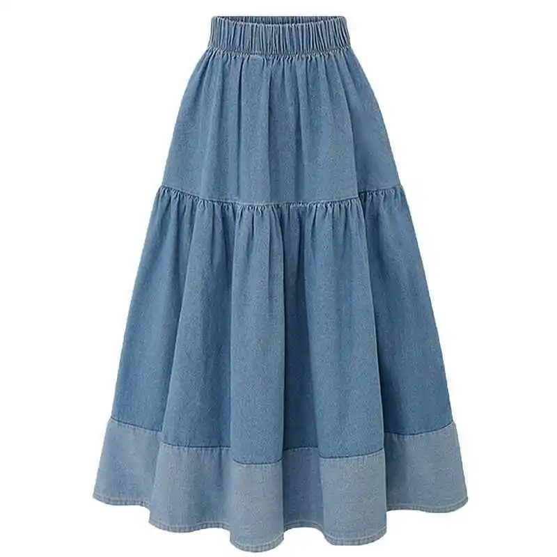 Elegant casual high waist women pleated A line midi length Skirt patchwork elastic Ladies denim skirts
