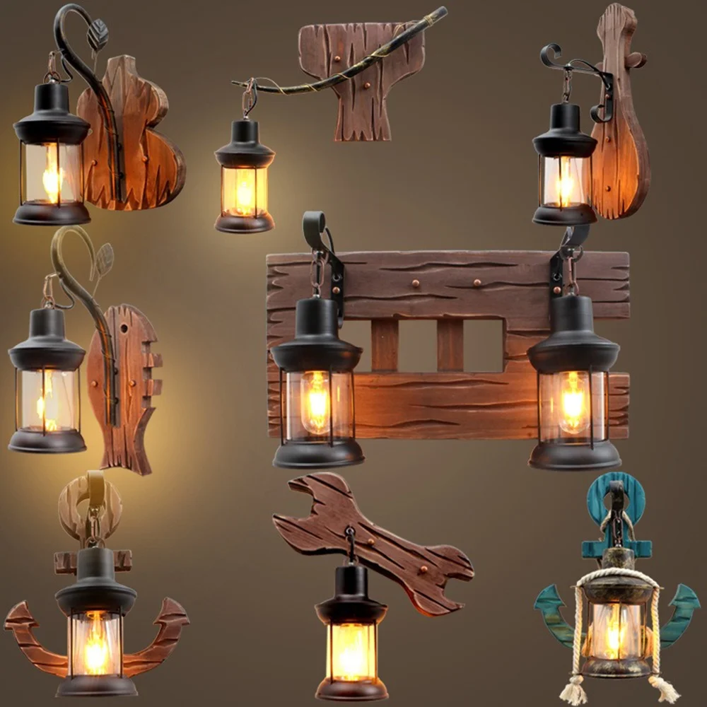 Wood wall lamp Restaurant Bar Coffee Shop wall lamp retro light industrial home interior loft wall decor led bedside sconce lamp