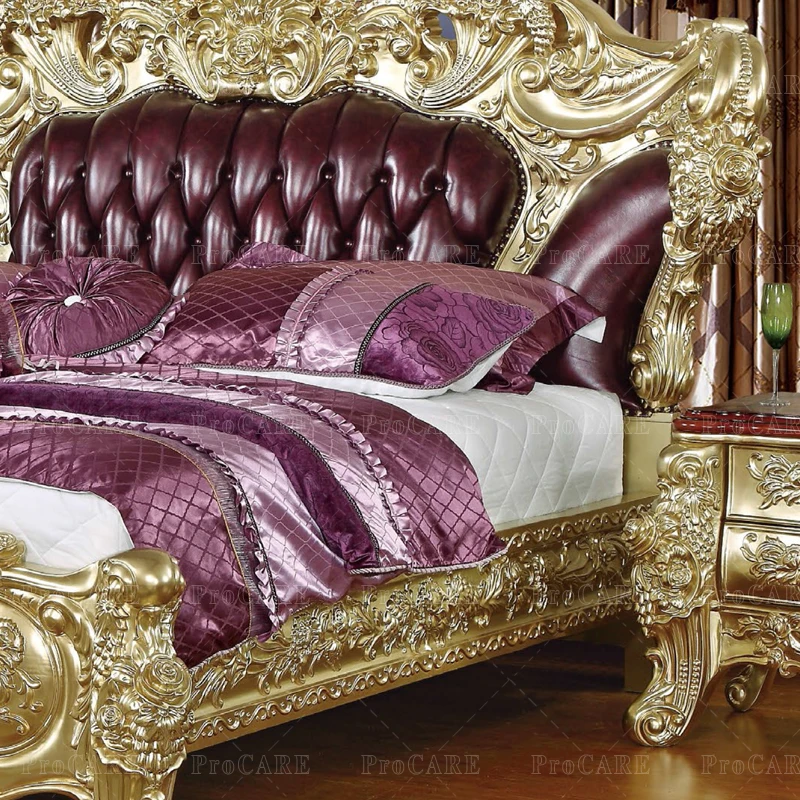 ProCARE European Champagne Luxury Bedroom Solid Wood Carved Luxury Wedding Bed