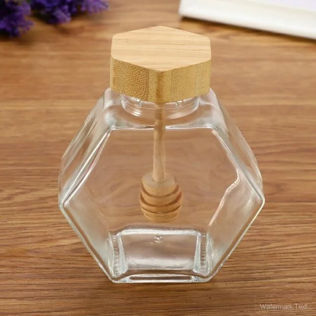 Hot Selling Product Food Grade Unique Empty Clear Hexagonal Glass Honey Jars With Wooden Dipper