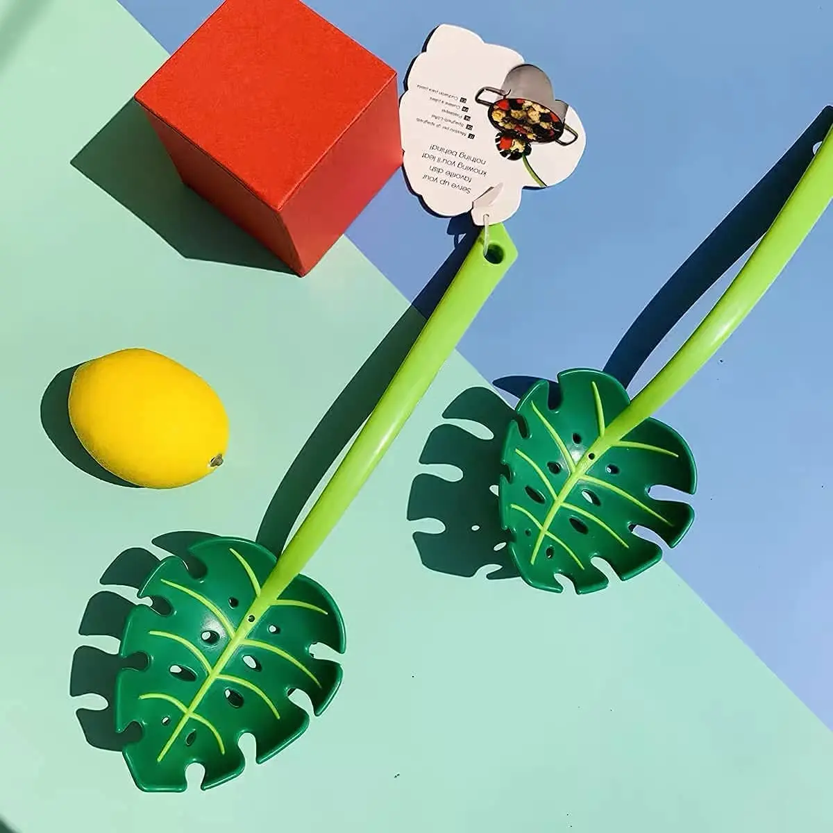 2 Pcs Green leaf colander,leafy jungle spoon soup, pasta, salad slotted spoon