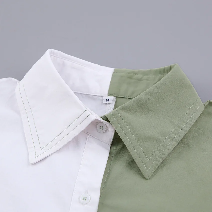 Designer fashion women custom logo shirt blouses collared white green loose causal PU long sleeve oversized two tone blouse