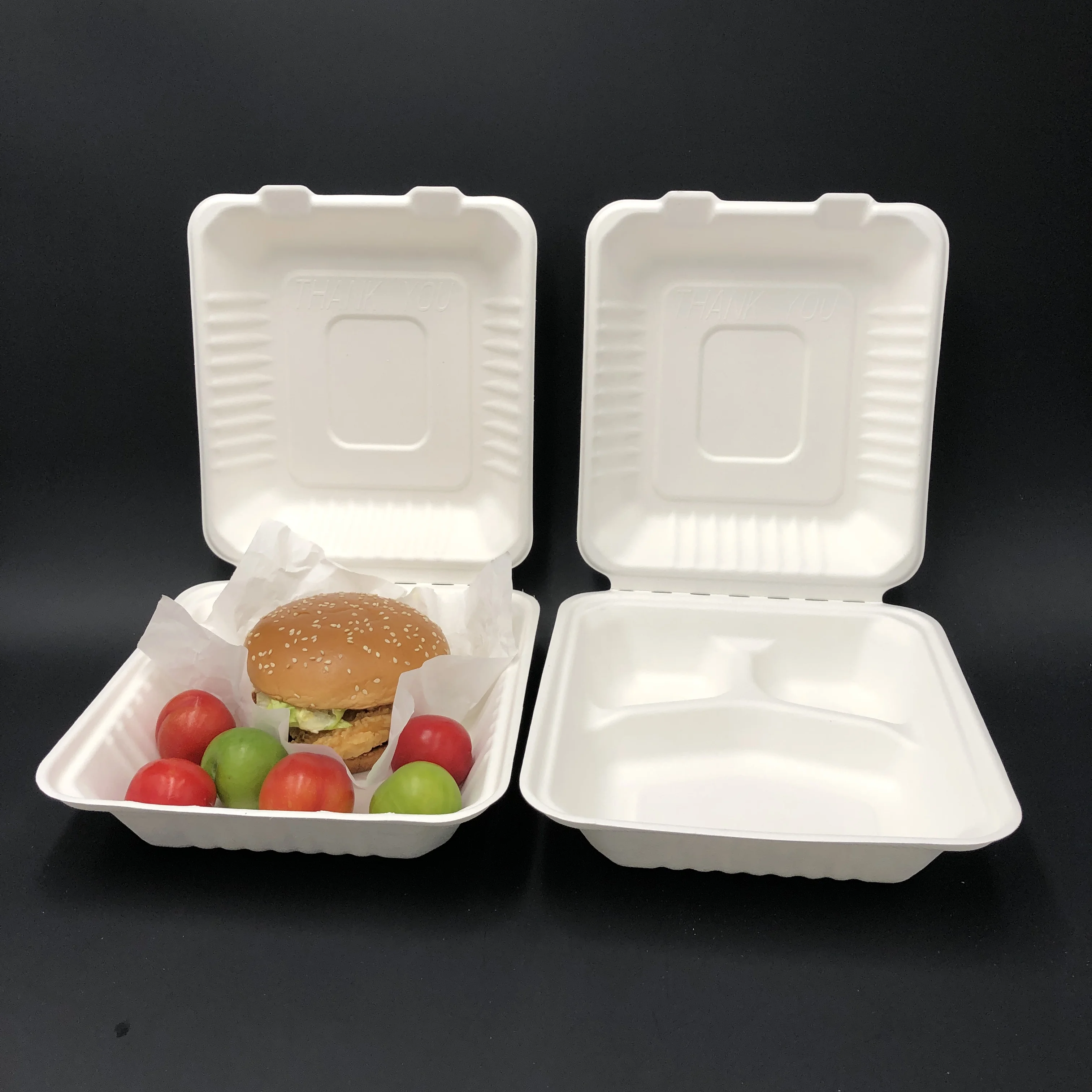 eco friendly product biodegradable disposable tableware bagasse clamshell box hinged food container sugarcane box