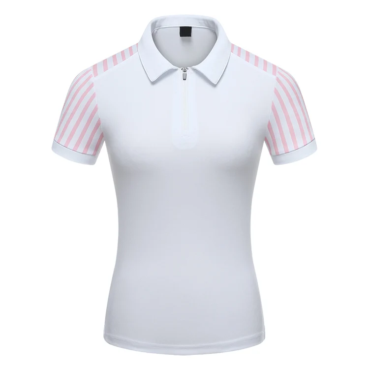 Wholesale stand collar women polo tshirt half zipper in the middle custom printing retro polo shirt with logo