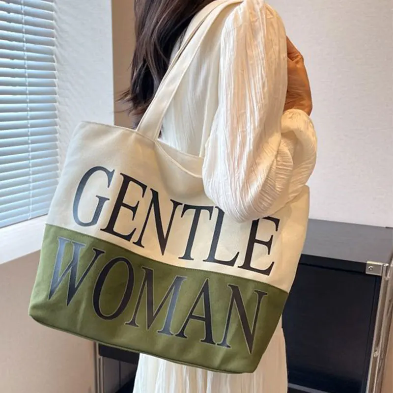 Letter Printed Patchwork Bags Gentle Woman Canvas Tote Bag With Custom Printed Logo