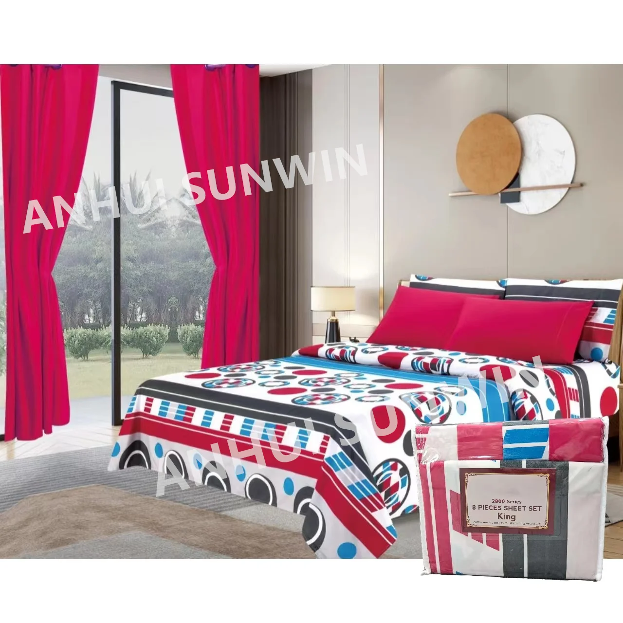American Style King Size Microfiber 8 pcs Flower Printed Queen Bedding Sheet Set with Curtains in stock