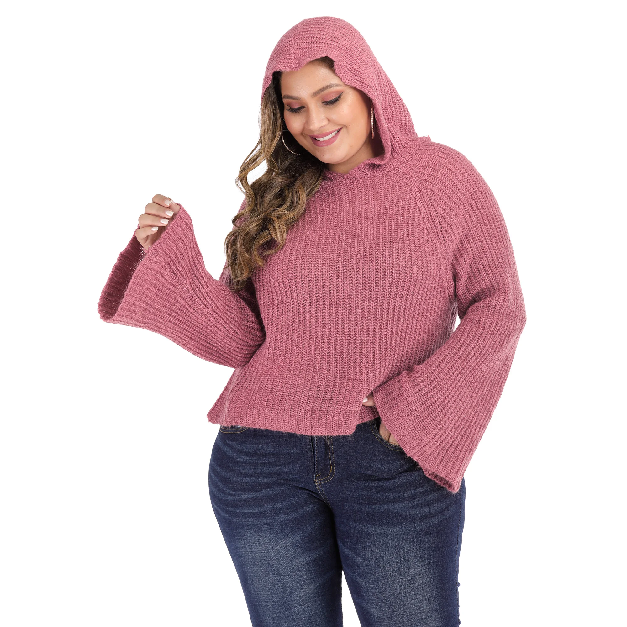 Plus Size Women Flare Sleeve Hooded Ladies Knit Pullover Sweater for Fat Women