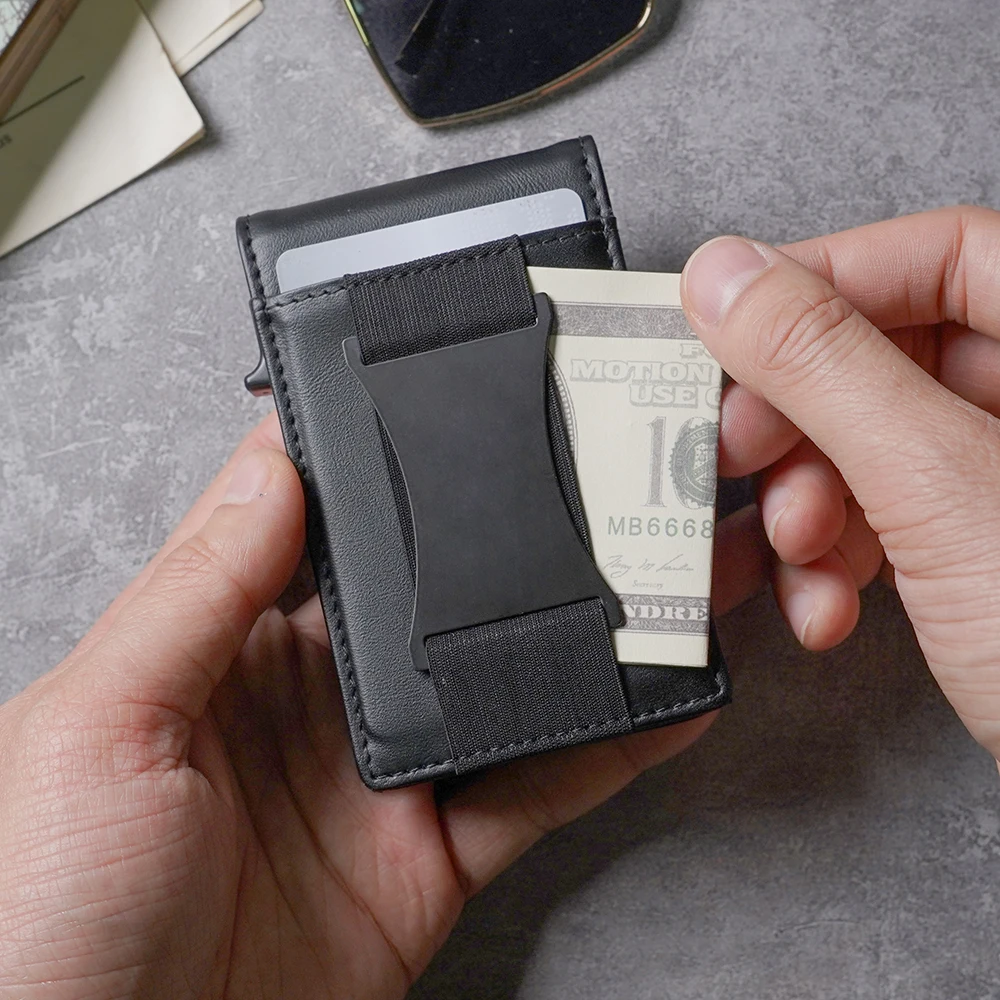 Customized PU Leather Cardholder with Pop-Up Feature  Aluminum Slim Wallet for Credit Cards