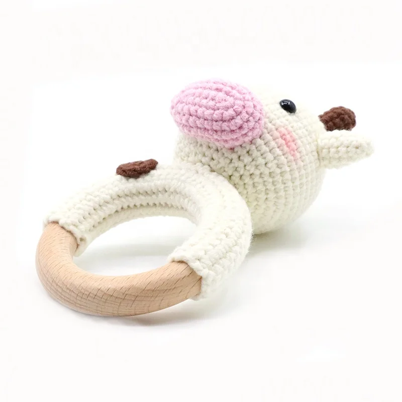 Милый вязаный бук деревянное кольцо Прорезыватель игрушка ребенок крючком погремушка