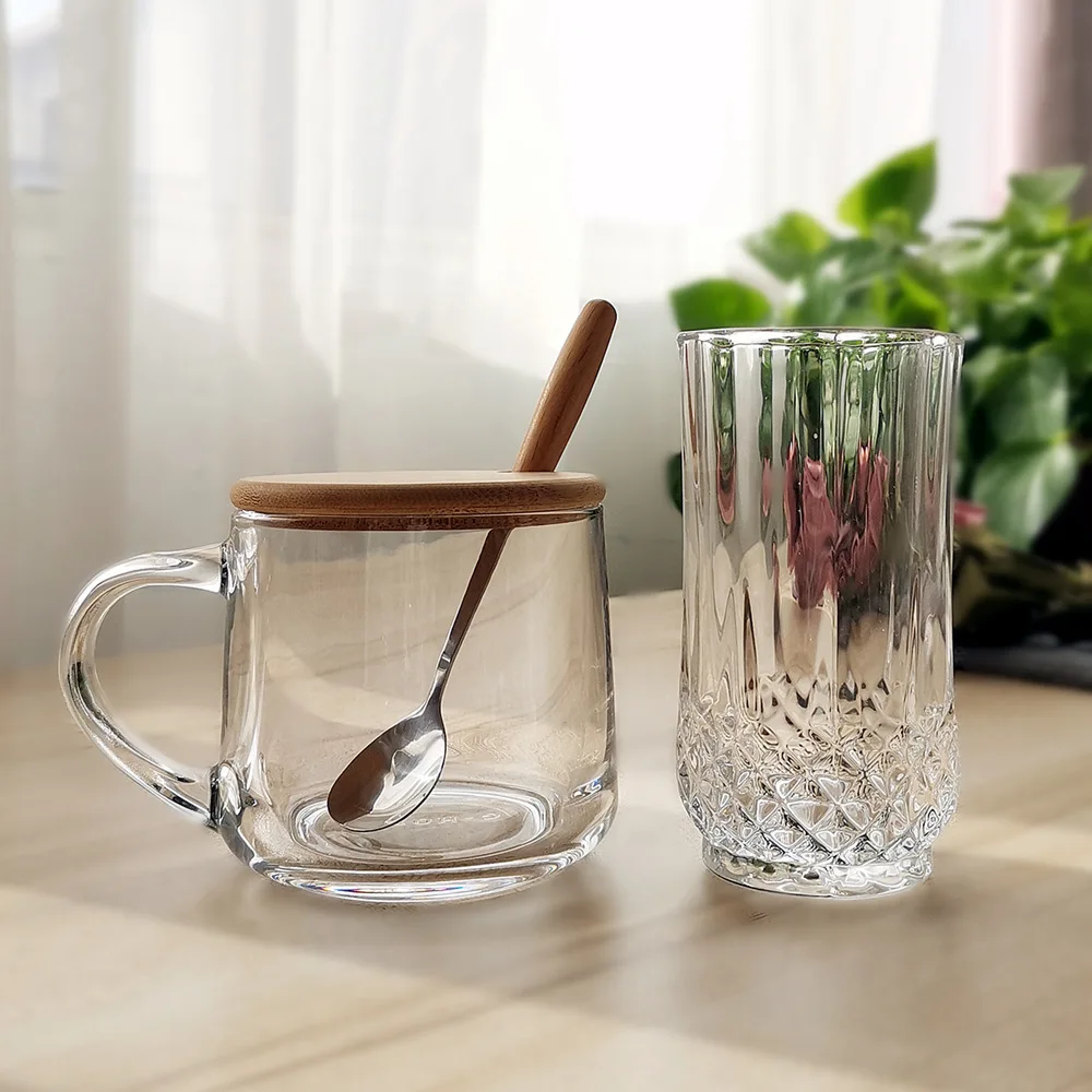 350ml Home use Glass Coffee Cup With Bamboo Wood Lid With Bamboo Wood Spoon Heat Resistant Glass Cup