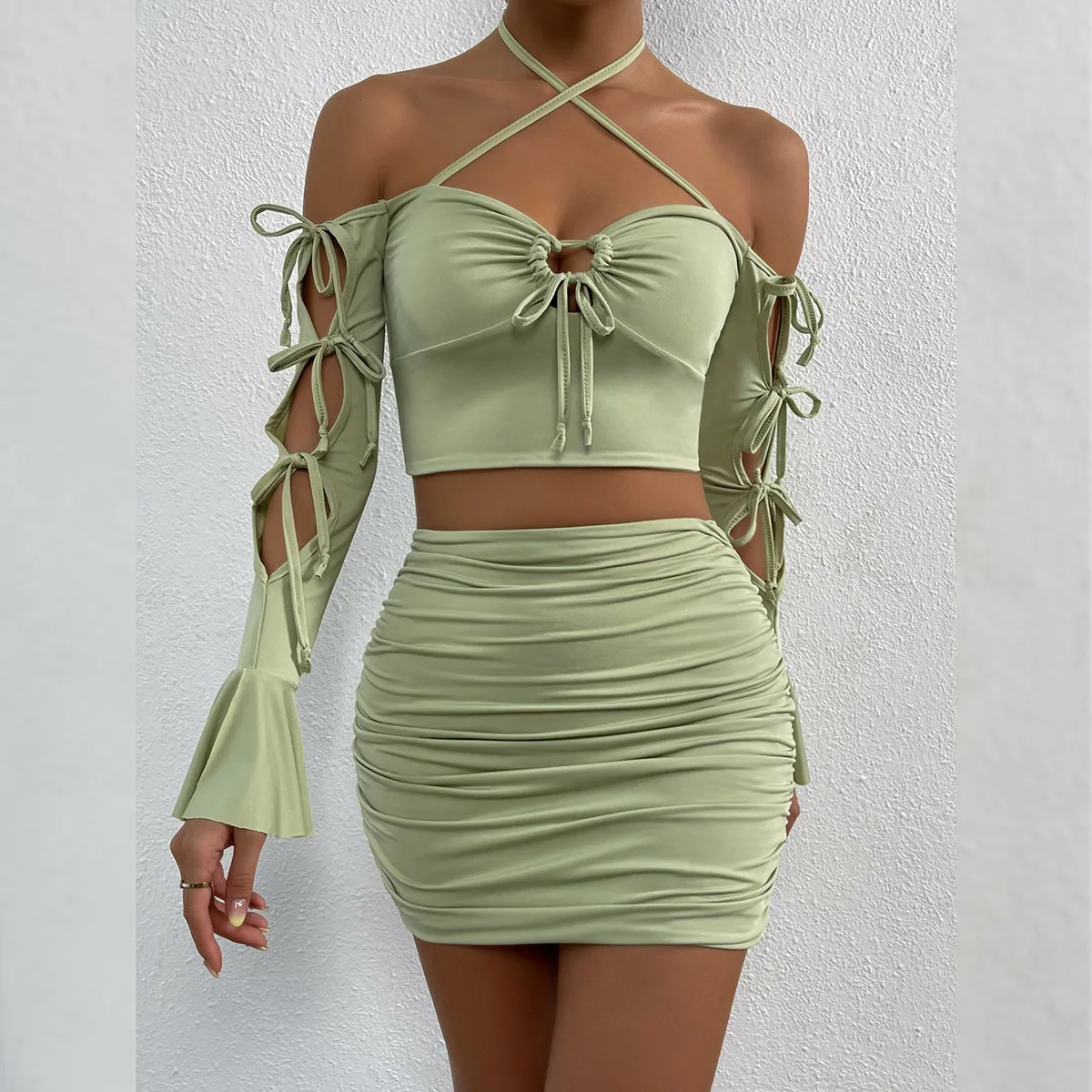 Новый модный дизайн расклешенный рукав с открытыми плечами из двух частей с вырезами сексуальное женское мини-платье для ночного клуба женские платья