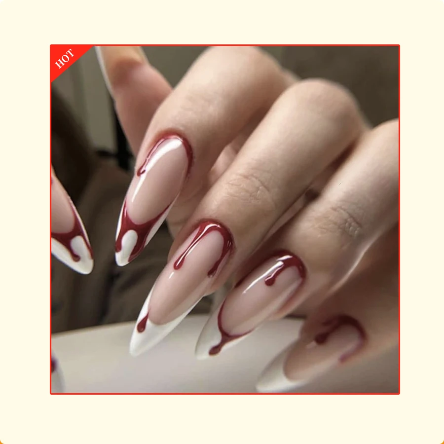Wonderful design salon quality red printed long stiletto Halloween false nails full cover nails art handmade nails