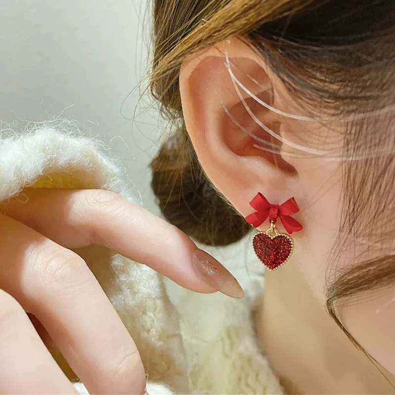 ED64858 Korean cute red heart hypoallergenic bowknot earrings fashion 14K gold plated women jewelry