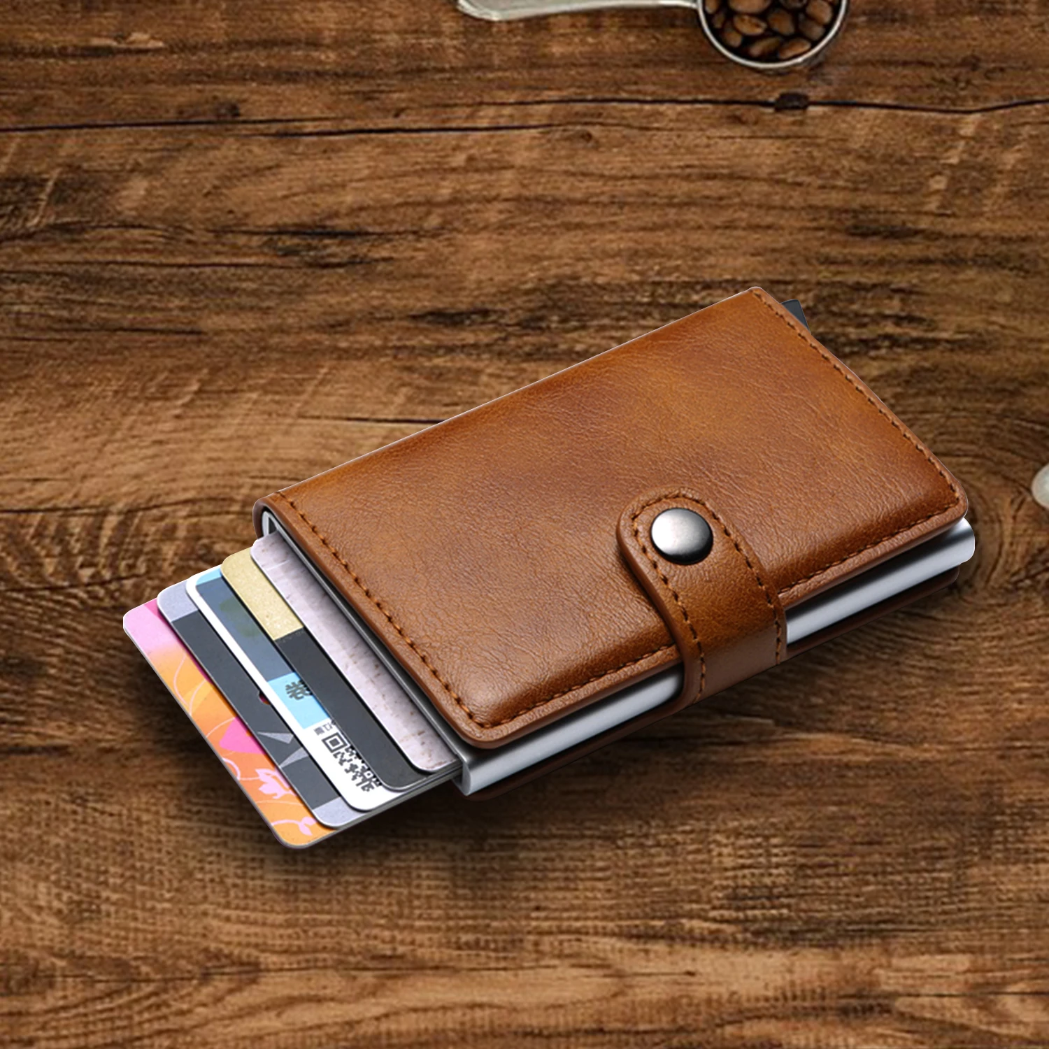 RFID Blocking Function PU Leather Credit Card Holder Automatic Pop Up Aluminium ID Card Holder Wallet for men