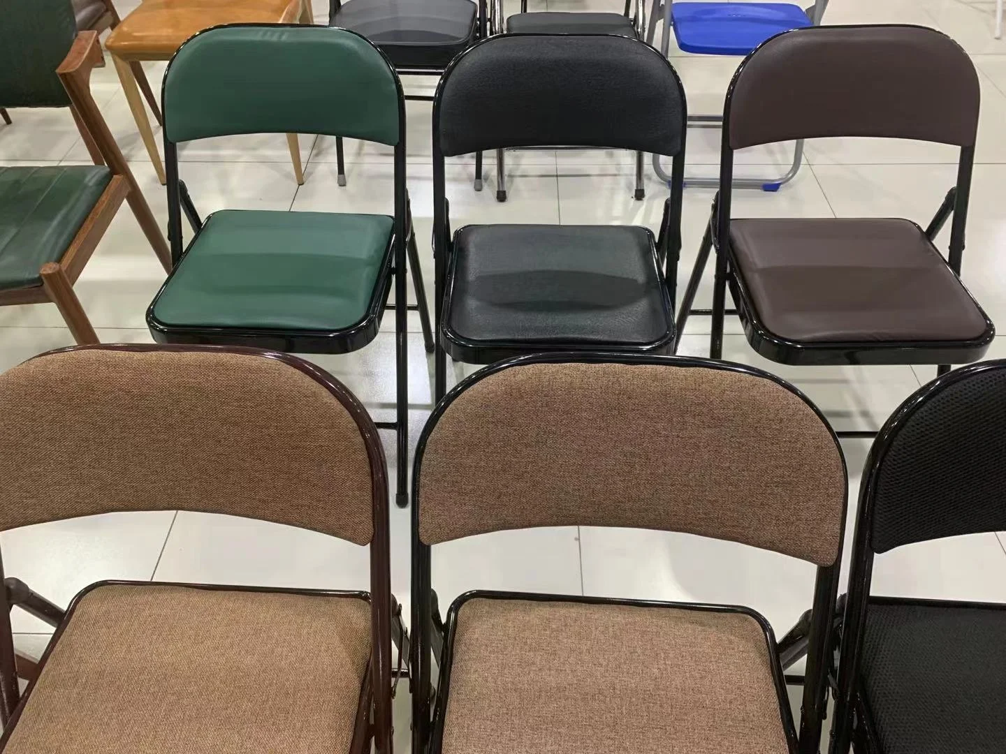  Black metal stackable folding chair office depart white green beige blue fabric pu