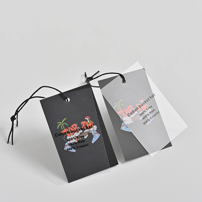 Custom Luxury 800gsm Thick Clothing Hang Tag Cardboard Garment Tags Transparent Frosted PVC Hang Tags With the Plastic Lock Rope