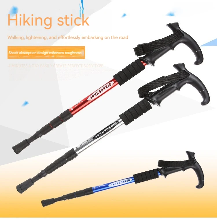 Aluminum Trekking Poles T-Handle Anti-Shock Telescopic Walking Hiking Sticks