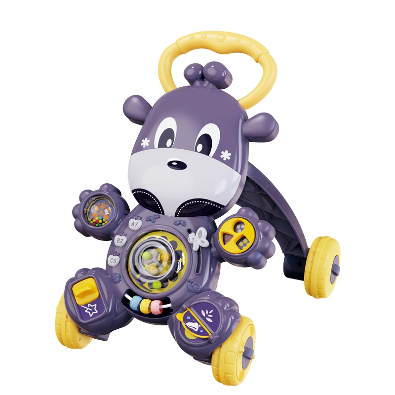 FiveStar New Arrival 4 Wheels Cute Toy Education Learning Cartoon Musical Toys Push Walker Sit-to-stand Learning Walker Kids