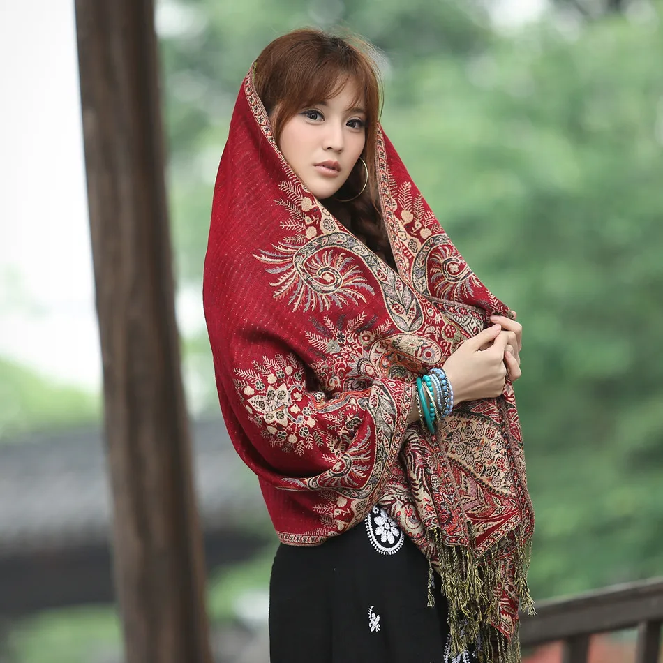 Poncho Scarves Manufacturer Wholesale Retro Fringe Jacquard Wrap Shawl With Phoenix Flower