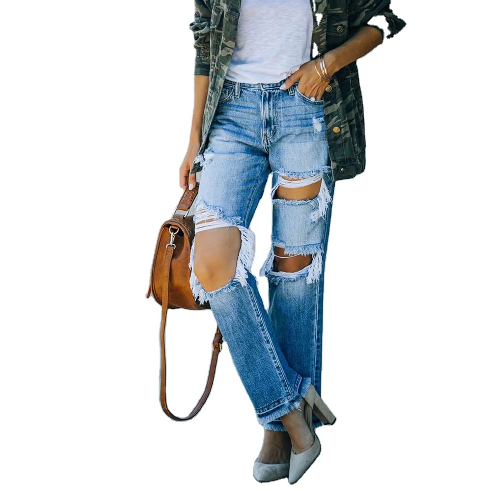 DAMOCHIC Wholesale Blue Distressed Jeans Casual Denim Ripped Patch Jeans Denim Pants Trouser Ripped Mujer Femininas Jean 2023