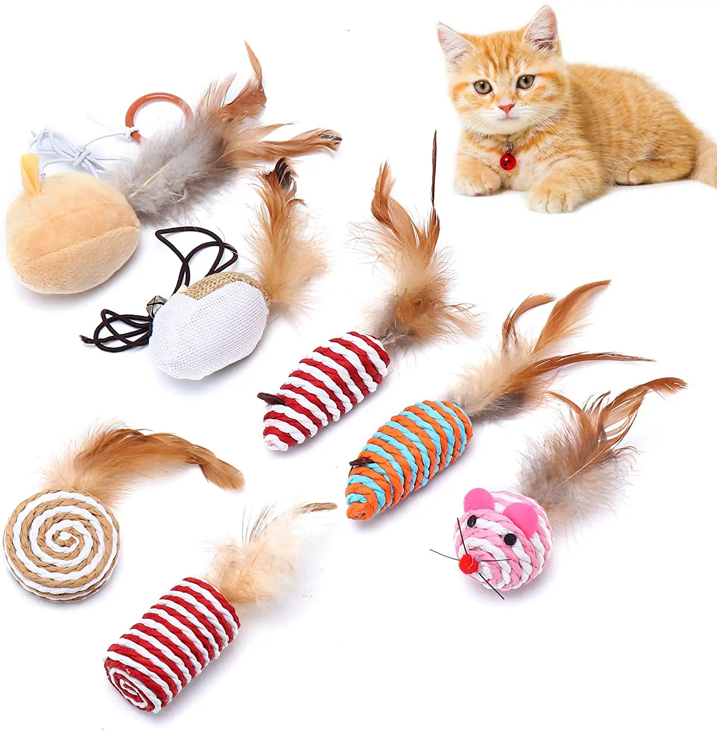7Pcs Pet Toys Set Indoor Kitten Play Chase Exercise Wooden Training Wand Dangle Mouse Interactive Cat Teaser Stick Toy